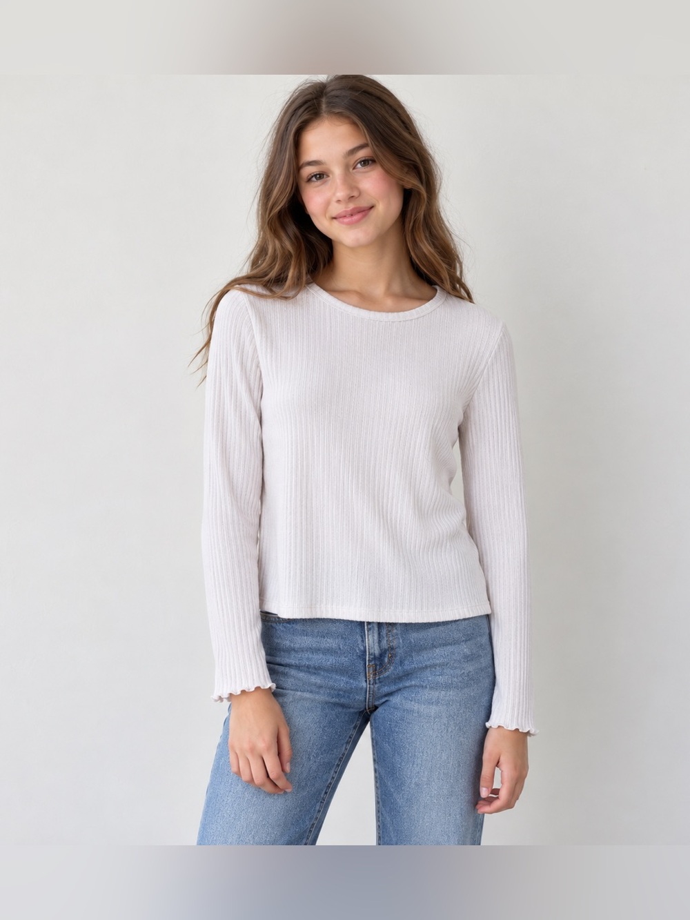 Old Navy Light Cream Ribbed Long-Sleeve Crewneck Top